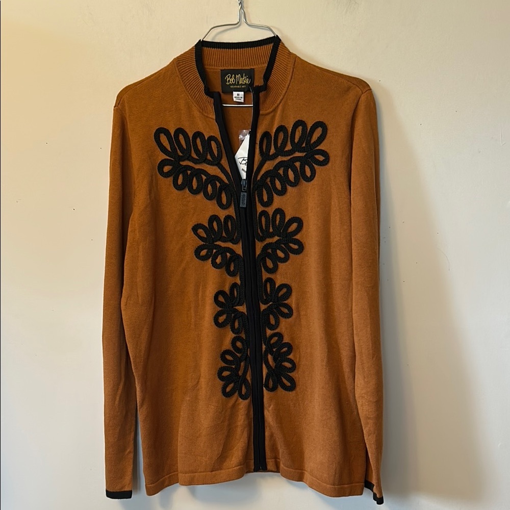 Bob Mackie  sweater acrylic/cotton rust with black trim zip front size M new/tag